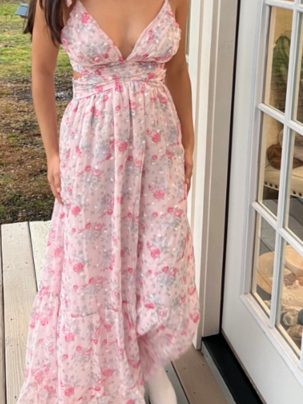 Storia Pink Floral Maxi Dress Ruffle sleeves medium